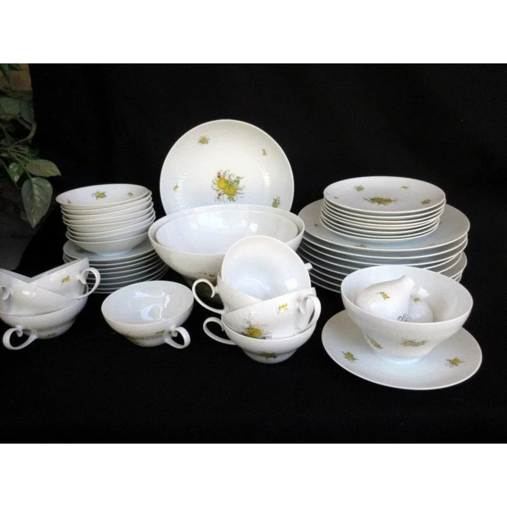 Rosenthal Harmony Romance Set of 2 Fruit Bowls White Yellow Roses Embossed Ovals